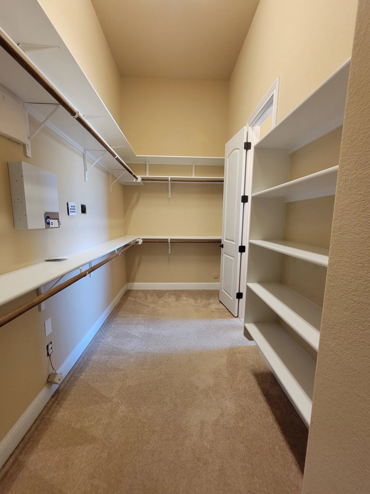 Empty walk-in closet with cream walls, built-in shelving on right side, hanging rods, and beige carpet flooring