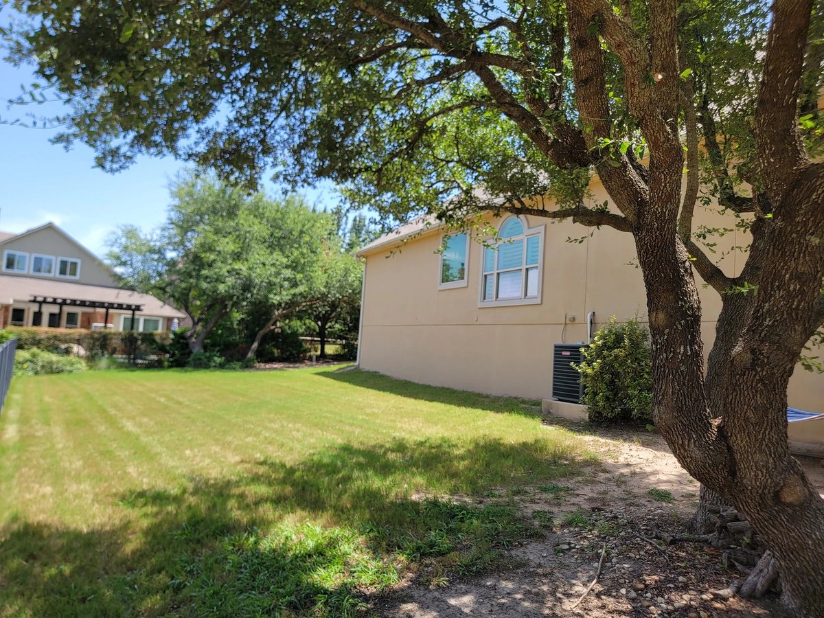 A beige residential addition next to a large tree with striped grass lawn and neighboring houses visible