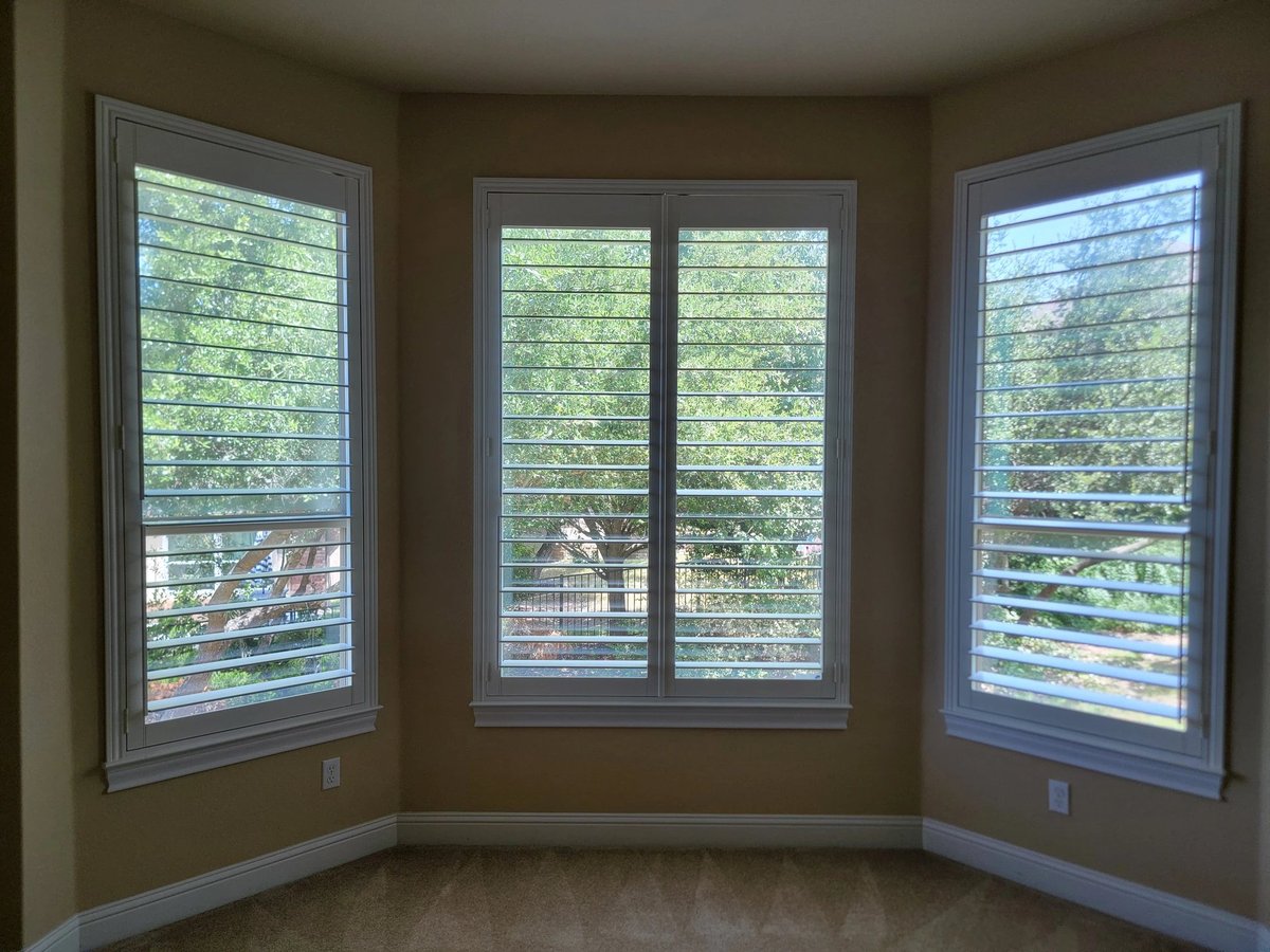 Bay window with three large windows featuring horizontal blinds overlooking green trees and landscape
