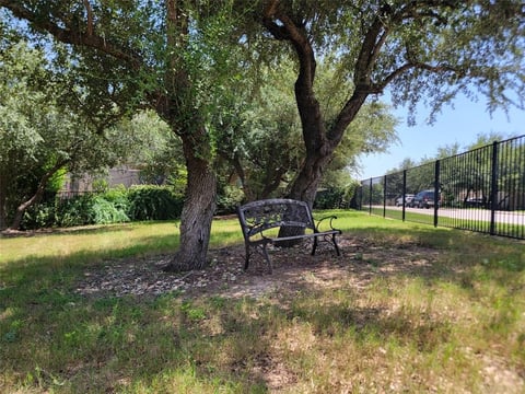 Park bench under large mature tree in grassy area with black fence and blue sky in background